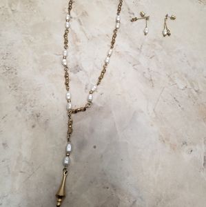 Gold and white beaded necklace and earring set